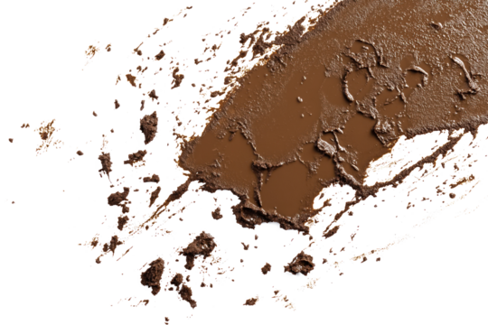 Close-up view of dark brown makeup brush stroke on isolated transparent background. Bristles point to top right, creating depth and perspective. Downward motion stains texture isolated on white.