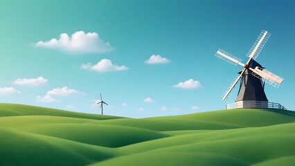 vector gradient background of a green field with a windmill in the background, blue sky