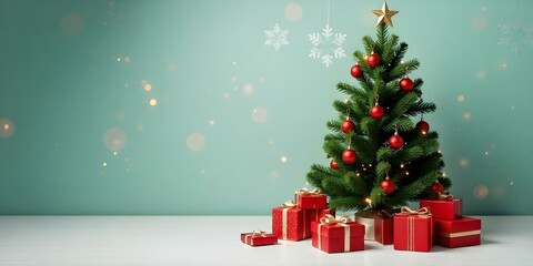A Christmas tree decorated with red ornaments and presents on a white table in front of a teal background with snowflake patterns