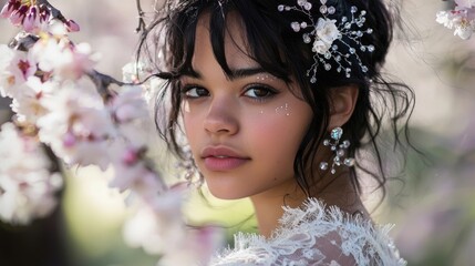Fototapeta premium Starry-Eyed Mixed Race Girl Amid Cherry Blossoms