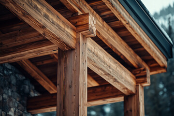Detailed view of the roof of the wooden house in modern style in the mountains