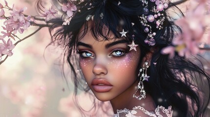 Starry-Eyed Mixed Race Girl Amid Cherry Blossoms