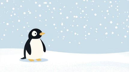 Obraz premium Penguin in snow with blue sky and snowflakes behind, and blue sky with snowflakes in foreground
