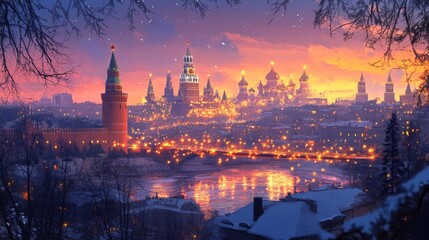 Fototapeta premium Warm glow of Moscow skyline with Kremlin towers and city lights