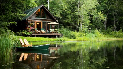 Fototapeta premium A small boat floats on a tranquil lake beside a quaint wooden cabin with a porch perched on top of it