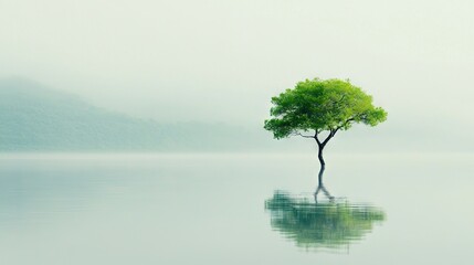   A lone tree in a body of water stands out against the misty mountains behind it on a gloomy day