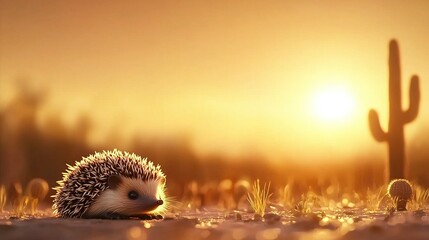 Obraz premium A hedgehog sitting in a field with a cactus in the background and the sun in the distance