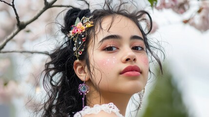Naklejka premium Starry-Eyed Mixed Race Girl Amid Cherry Blossoms