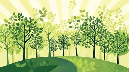 Obraz premium A serene portrait of a verdant woodland with a golden ray emanating from behind and a trail leading forward
