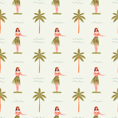 Retro hula dancer summer seamless pattern. Hand drawn style tropical background illustration. Vintage exotic nature textile print, hawaiian woman texture with palm tree doodle. © Dedraw Studio