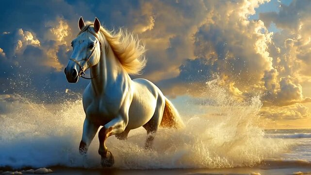 A majestic white horse running through the ocean waves, with a dramatic sky at sunrise.