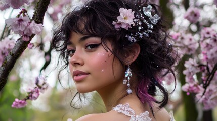 Naklejka premium Starry-Eyed Mixed Race Girl Amid Cherry Blossoms