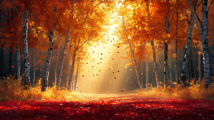 Golden autumn forest with vibrant orange, red, and yellow leaves falling gently from the trees: The ground is covered in a soft layer of fallen leaves, and sunlight streams through