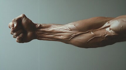 Closeup of a muscular male arm with veins visible, clenched fist, isolated on a grey background.