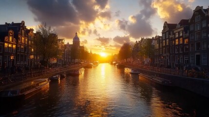 Fototapeta premium Amsterdam cityscape with traditional buildings along canals at sunrise