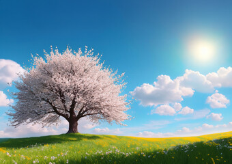 Obraz premium 草原の一本の桜の木