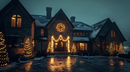 luxury house decorated for Christmas with fireplaces and lights