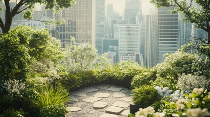 Obraz premium A stone path leads to a breathtaking view of a city skyline from a lush, green garden.