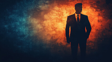 Businessman silhouette against vibrant blue and orange background in dramatic lighting