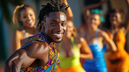 Energetic group of diverse individuals smiling and dancing in vibrant zumba fitness class outdoors