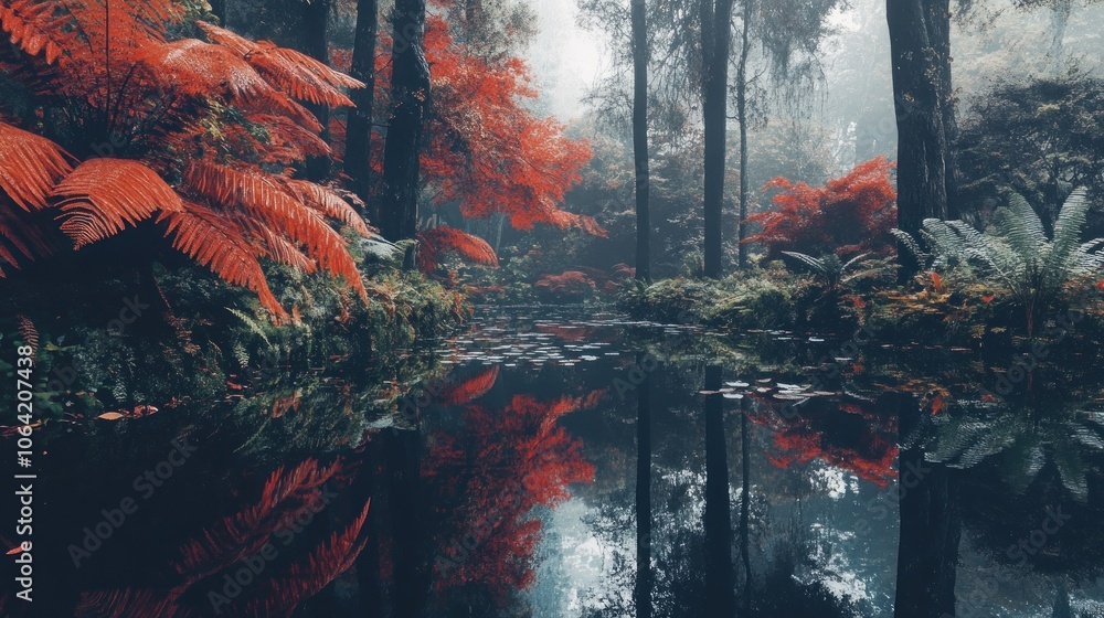 Poster a tranquil stream flows through a dense, foggy forest with vibrant red ferns reflecting in the water