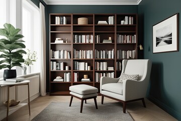 Fototapeta premium Scandinavian Style Bookcase and Armchair in Contemporary Cozy Home Library Design