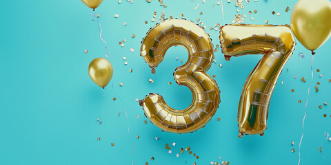 Gold number 37 balloons surrounded by balloons and gold confetti. Anniversary or birthday celebration, blue background