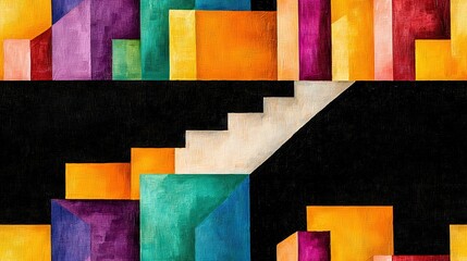   A colorful painting depicts a staircase with multi-hued blocks at its base and beneath each step
