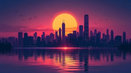 Obraz premium Chicago downtown skyline with tall buildings and lakefront view at sunset