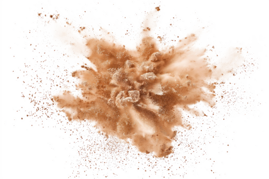 Vibrant explosion of brown powder with dust, particles in air. Scattered powder creates movement, dynamism. transparent background contrasts with brown powder, making visible. Text objects, constant