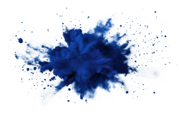 Indigo blue powder explosion on transparent background. Vibrant scene of blue powder radiating outwards in all directions. Blue particles scattered across image creating sense of movement and energy.