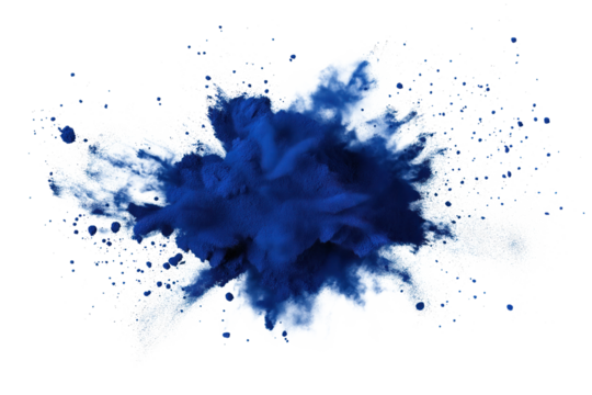 Indigo blue powder explosion on transparent background. Vibrant scene of blue powder radiating outwards in all directions. Blue particles scattered across image creating sense of movement and energy. - Powered by Adobe