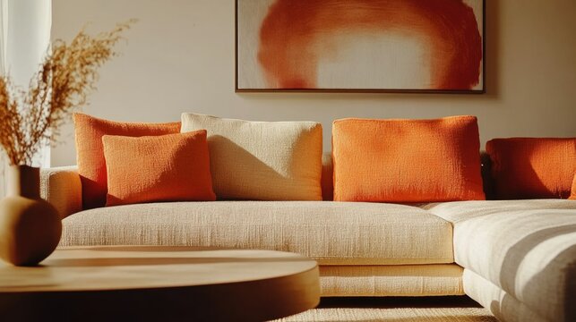 Contemporary Living Room with Orange Accent Pillows