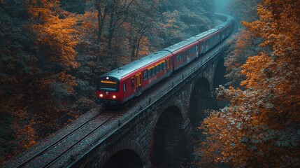 A red train travels through a misty forest on a stone bridge.