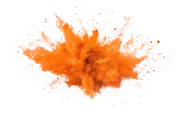 Vibrant explosion of orange powder scattered in all directions. Orange powder particles vary in size, depth and dimension. Explosion is sole focus on stark transparent background, no text or objects.