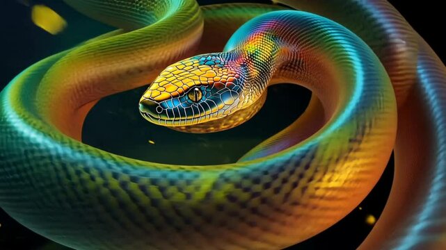 Close-up of an iridescent snake with vibrant scales