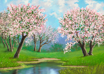 Paintings spring landscape, blooming trees, blooming tree in spring, river in the garden, fine art