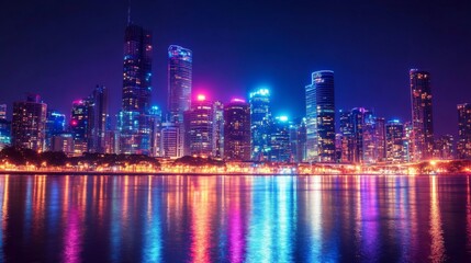 Obraz premium Vibrant urban skyline at night with bright city lights and neon reflections