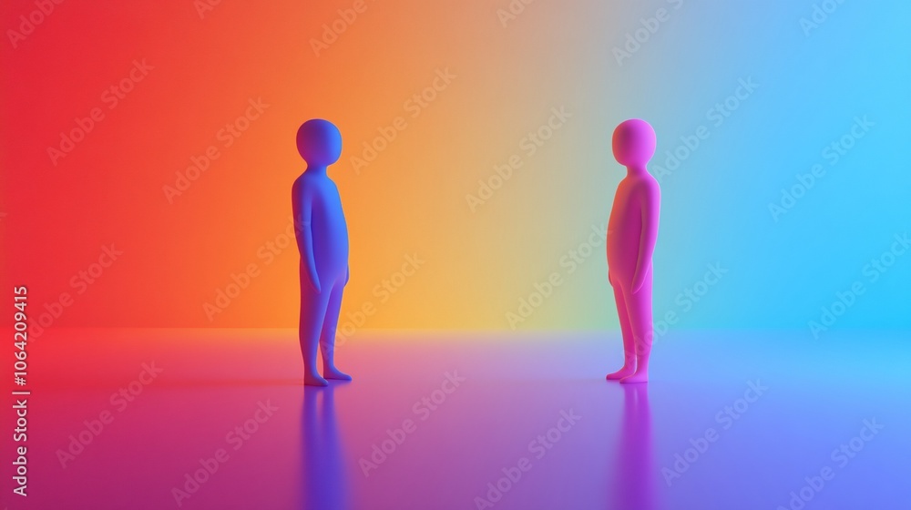 Poster two 3d figures facing each other in a colorful background.