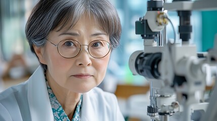 The ophthalmologist, wearing a white coat and glasses, attentively observes the elderly patients eye as they carefully analyze the intricate details of the retina during the examination.