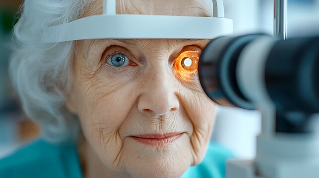 An elderly patient sits calmly in a well lit examination room, while the ophthalmologist peers through a specialized lens to conduct a thorough examination of their retina.