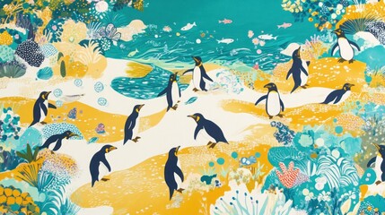 Obraz premium A group of penguins walk on a yellow beach, surrounded by turquoise water and coral reefs.