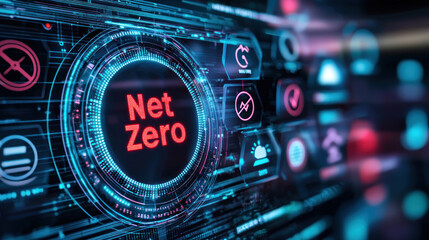 Fototapeta premium Digital display showing countdown to net zero emissions, highlighting sustainability.