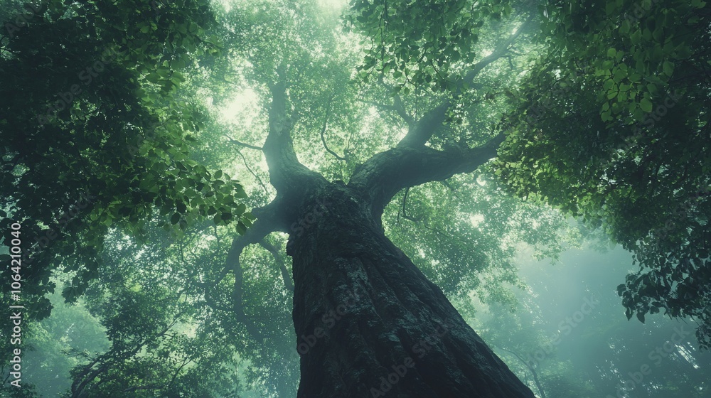 Poster low angle view of a large tree with sunlight filtering through the canopy in a misty forest.