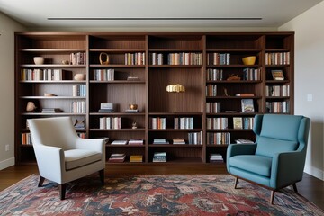 Modern Wooden Bookcase and Cozy Armchair in Stylish Living Room with Selected Reading Materials