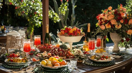 A beautifully set outdoor table with fresh fruit, flowers, and champagne for a summer party.