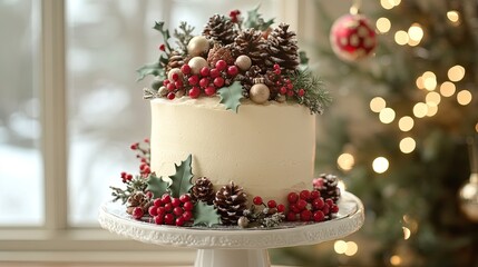 Festive Cake with Pinecones and Berries Decorations