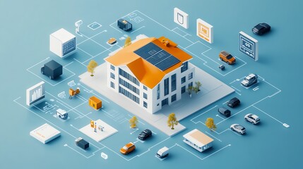 Obraz premium Futuristic smart home with solar panels and tech icons, showcasing urban connectivity and modern energy solutions in a digital world.