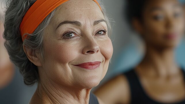 Energetic senior woman smiling during vibrant zumba dance session in fitness class concept