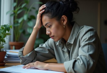 Woman Thinking Deeply Over Papers at Home